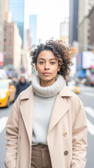 Hispanic Woman Standing Tall in City Streets at Dusk