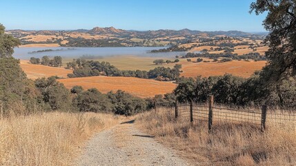 Naklejka premium Scenic Vineyard Landscape with Rolling Hills and Distant Lake on Sunny Day