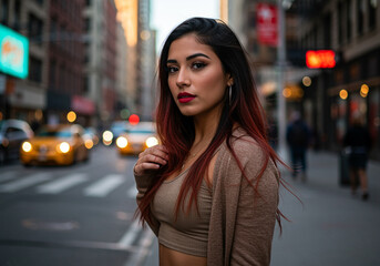 Trendy Latina with Auburn Ombre Hair and Hoop Earrings on NYC Street
