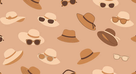 Stylish Summer Accessories Hats and Sunglasses Pattern in Earthy Tones.