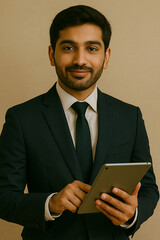 South Asian Businessman Holding Tablet in Studio