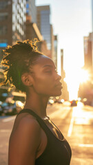  Black Woman in Denim Jacket on Manhattan Street – Bold Urban Portrait with Natural Curls
