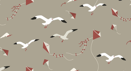 Stylized Seagulls and Kites Pattern with Red Accents in Flight.