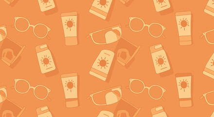 Summer essentials pattern Sunglasses sunscreen tubes and beach vacation vibes.