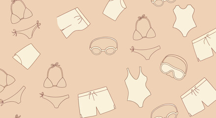 Summer Swimwear Pattern Outlined Suits Trunks and Goggles in a Scattered Arrangement.