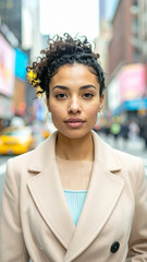 Latina Model Walking Down New York Street at Golden Hour