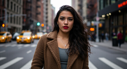 Hispanic woman with long dark hair in tan coat walking in Manhattan