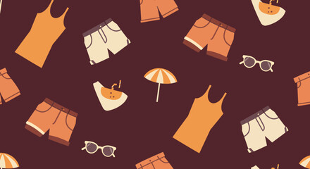 Summer themed pattern with swimsuits shorts sunglasses umbrella and coconut drink.