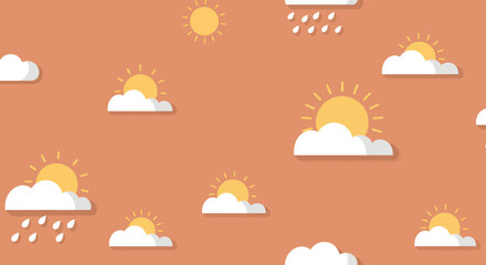 Weather pattern with sun clouds and rain flat design on orange background.