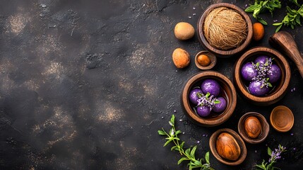 Purple Sweet Treats in Wooden Bowls Spa Relaxation
