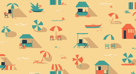 Beach themed seamless pattern with umbrellas boats huts and chairs.