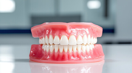 realistic dental model showing upper and lower sets of teeth with pink gums, used for educational and dental demonstration purposes.