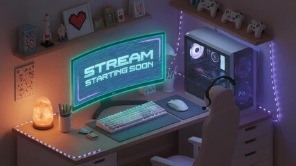 Streamer's Cozy Gaming Setup "Stream Starting Soon". Stream starting soon screen, overlay loop, animated virtual backgrounds, cozy lo-fi gaming room view. vtuber asset twitch zoom OBS.