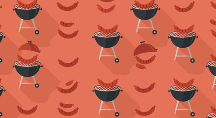 Flat Design Seamless Pattern of Charcoal Grills with Sausages on a Warm Background.
