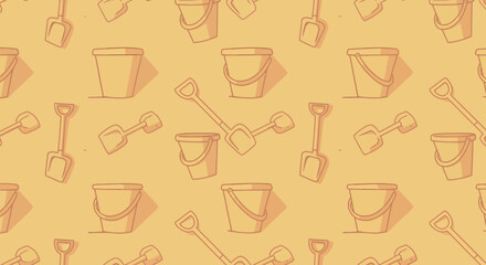 Playful Pattern of Cartoonish Buckets and Shovels for Beach Fun.