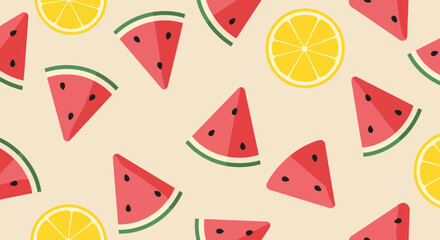 Playful Pattern of Flat Design Watermelon Slices and Lemon Halves on a Beige Backdrop.