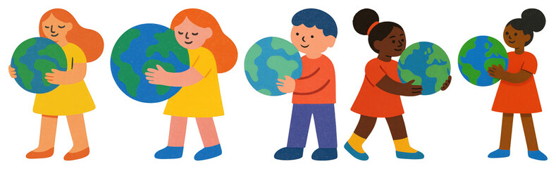 Fototapeta premium PNG Children holding colorful Earth globes, element set on transparent background