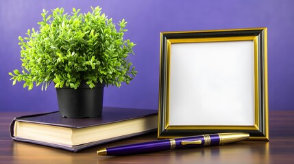 Blank Frame Book Pen Plant Still Life Photo
