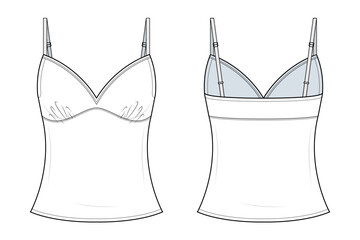 Spaghetti Strap Camisole Top Technical Fashion Illustration. Fitted Camisole Vector Template. Adjustable Shoulder Straps. Bust Seam Detail. Front and Back View. Women’s Wear. CAD Mockup.