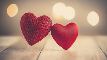 Fototapeta premium Two Red Hearts on Wooden Table Valentine's Day