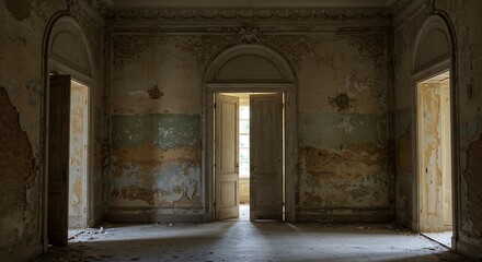 Fototapeta premium A beautiful old room in an abandoned building. Light from the windows. Beautiful doorway. Shabby walls. An old abandoned manor.