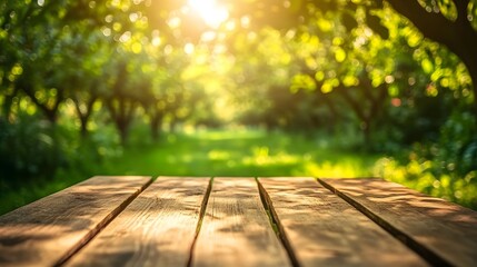 Sunny Wooden Table in Lush Green Orchard Background