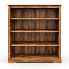 Empty wooden bookshelf with four shelves isolated on white background