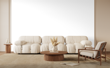 Minimalist Scandinavian living room interior PNG mockup with transparent background and shadow, cream boucle sofa set, designer lounge chair, round wooden coffee table, side table decor, beige carpet