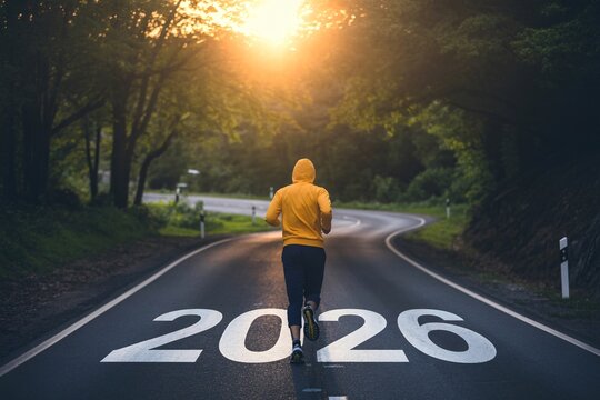 happy new year 2026,2026 with new ambitions, challenge, plans, goals and visions.Person Running Towards Sunrise on Road Marked Two Thousand Twenty Six New Year Goals Fitness Journey.