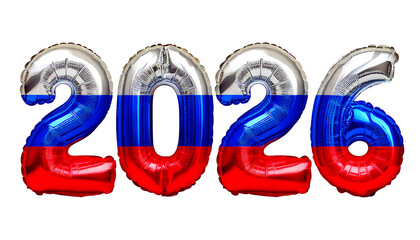 数字の2026の形のロシアの国旗柄の風船。白背景（Russian flag pattern balloons in the shape of the number 2026 on white background）
