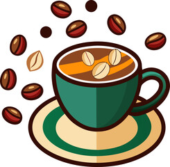 Colour-block vector of a latte cup and saucer with coffee beans scattered around with white background.