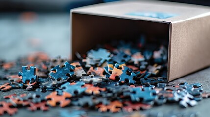 Jigsaw puzzle pieces spilled from box