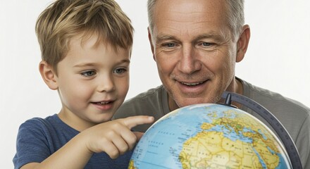 Grandfather and grandson explore the world together using a globe for their geography lesson.