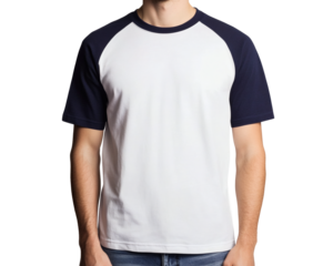 High-Resolution Raglan Mockup Man Wearing a White and Navy Baseball T-Shirt Design Template for Apparel Branding and Clothing Presentation
