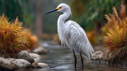 A snowy egret with flowing white plumage wading in shallow water, surrounded by reeds and soft reflections. .jpg