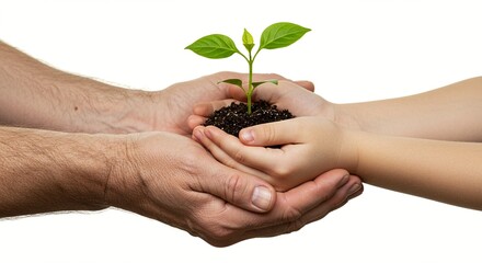 Adult and child hands holding a small green seedling growing from soil. Nurturing new life.