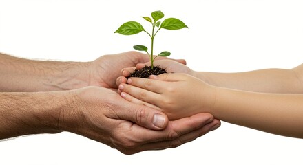 Adult and child hands together holding a small plant with bright green leaves and dark soil.