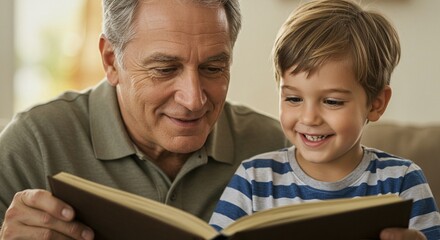 Fototapeta premium Grandfather reads a story to his grandson. A heartwarming scene capturing family bonding through reading.
