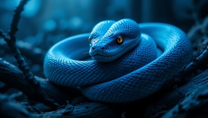 Fototapeta premium Azure Serpent Coiled on a Branch Under Deep Blue Shadows