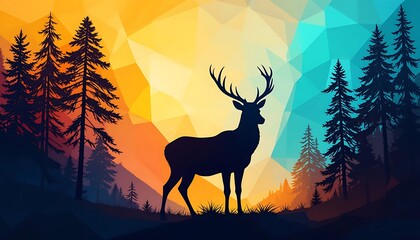 Silhouette of Deer in the Forest during Sunset with Geometric Background