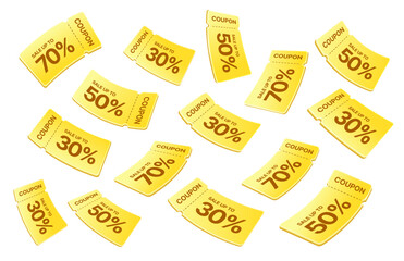 3d unlimited yellow flying coupons as a rain, isolated on white background. Flying discount gift vouchers with coupon code, percentage off for sale off event in 3d vector. Vector illustration