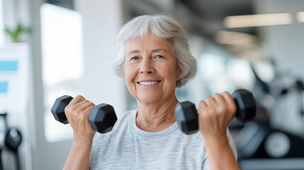 Happy senior woman doing strength training with dumbbells at modern gym