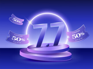 Obraz na płótnie Canvas 3d 77 flash sale with July Seventh number on a stage or podium with vouchers flying around, coupon code, isolated on background. 3d discount banner template in vector illustration. Vector illustration