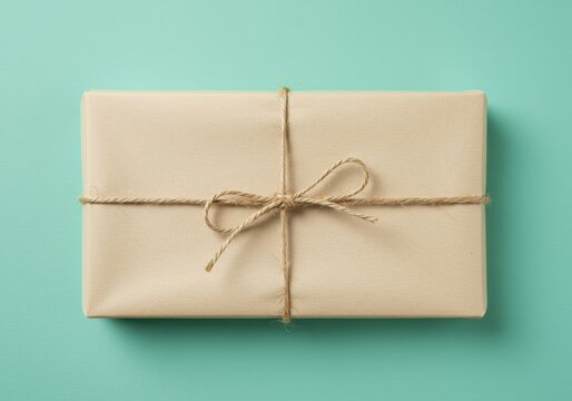 Wrapped gift with twine on teal surface