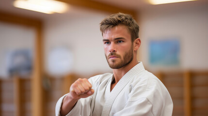 Focused martial arts athlete practicing traditional karate stance in training dojo