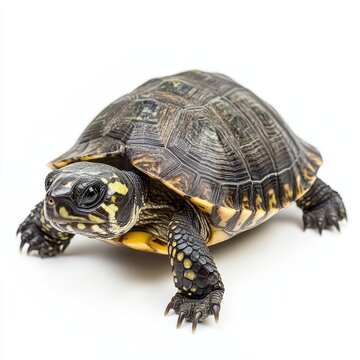 Close up of a small turtle with yellow markings on its shell and legs isolated on white background