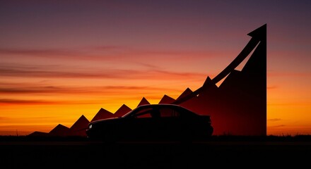 Car silhouette in front of a rising graph against a vibrant sunset backdrop, showing success