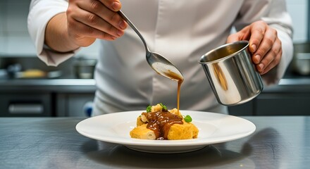 Chef Drizzling Sauce on Gourmet Dish