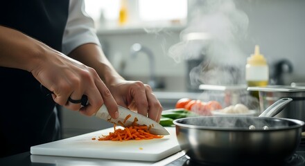 Naklejka premium Culinary Precision: Chef Slicing Vegetables