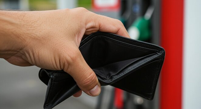 Empty wallet at a fueling station, suggesting financial strain due to high fuel costs. Ouch!